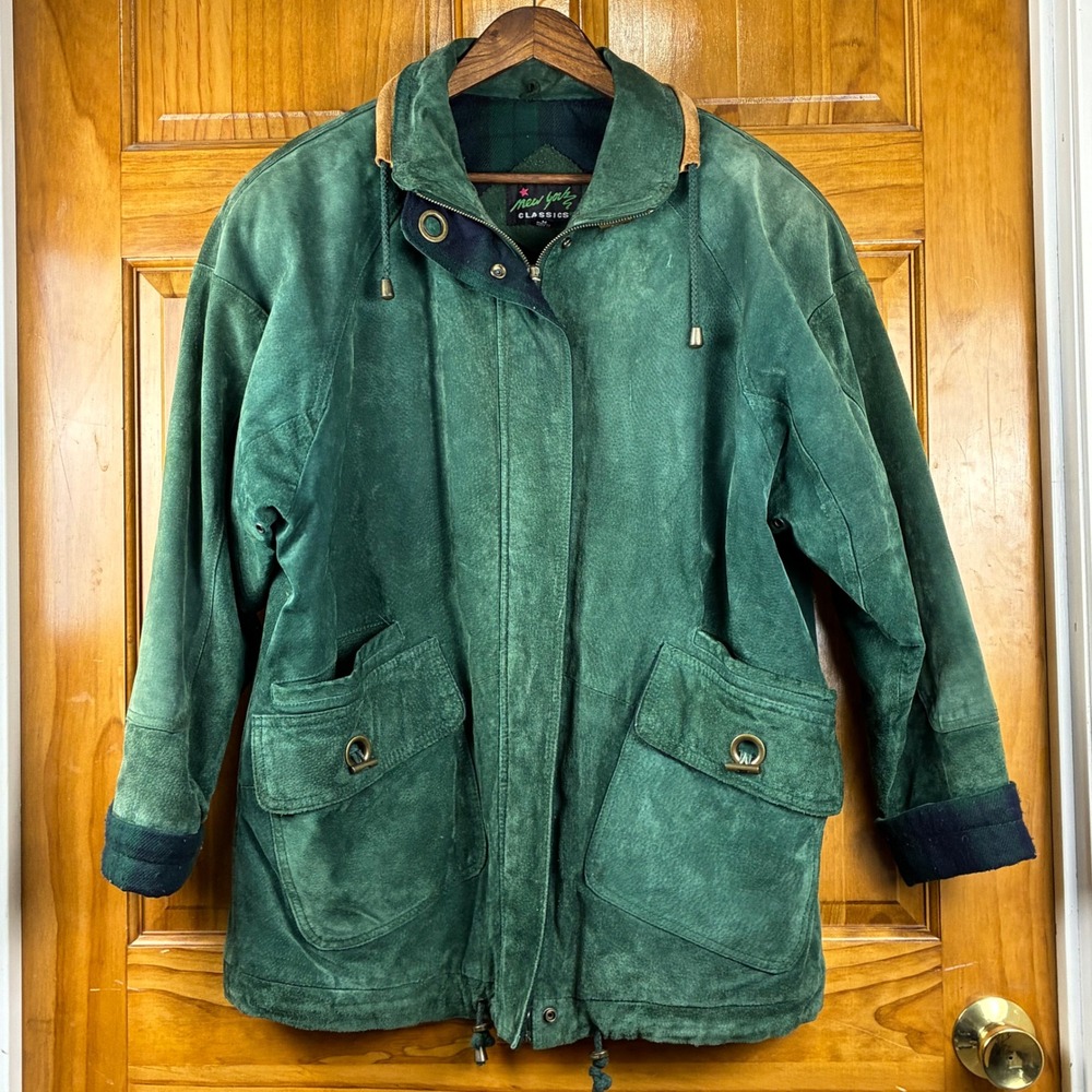 New York Classics Vintage Green Suede Jacket Med Plaid Lined Leather Coat 90s